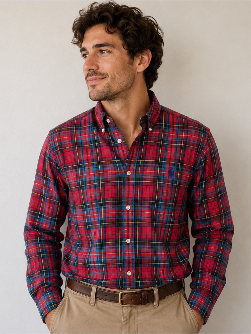 Ralph Lauren Classic Fit Plaid Button Down Shirt Men’s Large Red Blue Preppy